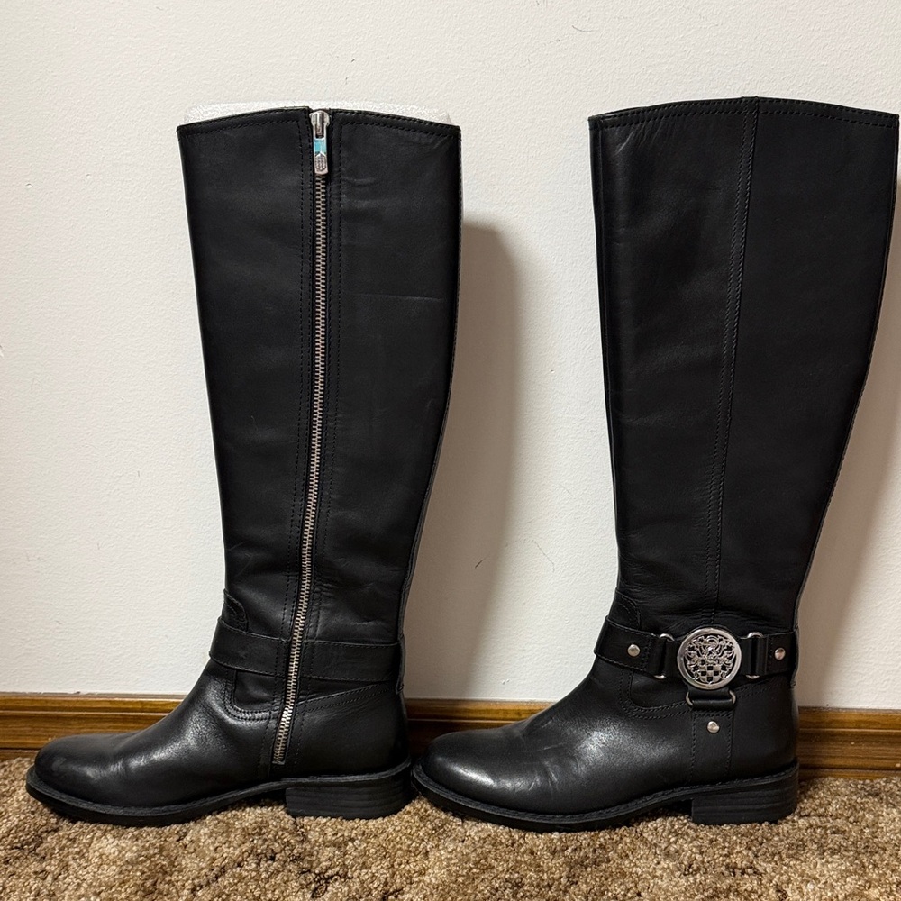 Vince Camuto Black Leather Boots with Silver Accent